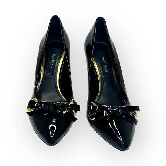 White House Black Market Gabriele Pump Size 6 Black Patent Leather Bow Chain Toe - Picture 2 of 12